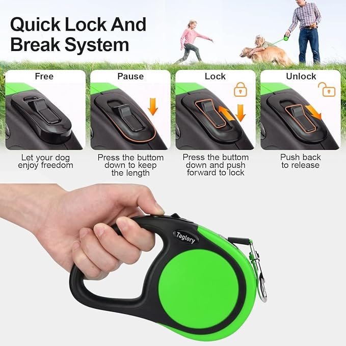 Taglory Retractable Dog Leash, 16ft No Tangle Leash Retractable for Small Medium Dogs Up to 44 lbs, One-Handed Brake, Pause, Lock, Green