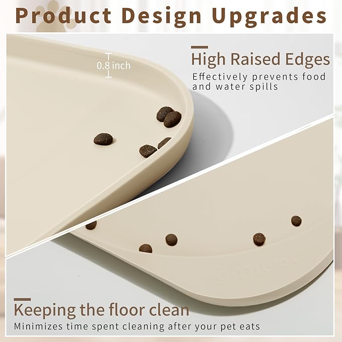 Silicone Pet Food Mat with Raised Edge for Food and Water Bowl, Dog Feeding Mats, Cat Food Trays for Floor Waterproof, Rubber Tray for Dogs and Cats, 22 x 14 x 0.8 Sand White (Yellow Cast)
