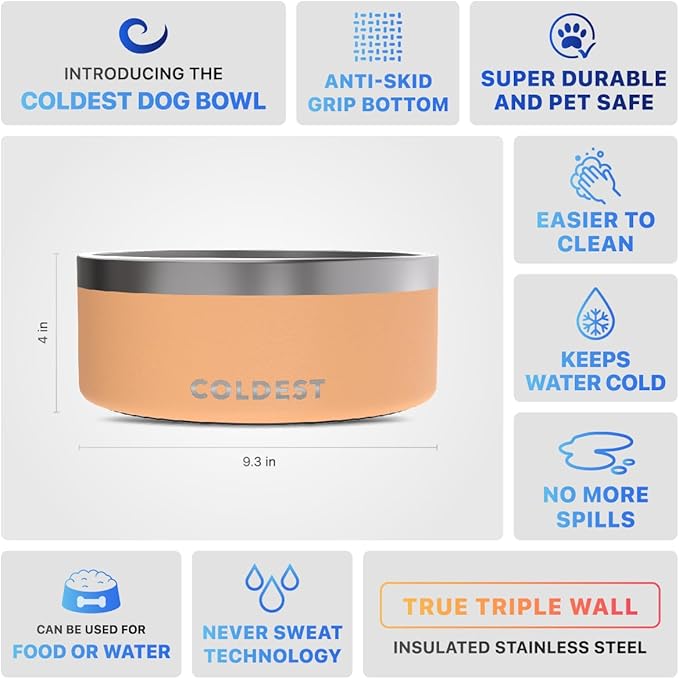 Coldest Dog Bowl - Anti Rust Metal, Non Slip, 3 Layers Insulated Stainless Steel Dog Bowls - Spill Proof & Heavy Duty - Water Bowl for Dogs, Cats & Pets, Dish Washer Safe (100 oz, Sahara Peach)