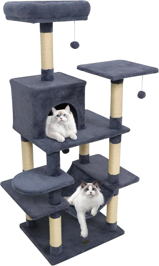 PETSITE Multi-Level Cat Tree, 58 Inches Tall with Sisal Scratching Posts, Condo, Hammock, Dangling Balls, Jumping Platforms, and Cozy Top Perch, Ideal for Indoor Cats to Play and Rest (Dark Grey)