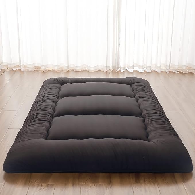 Japanese Floor Mattress, Futon Mattress with Portable Storage Bag and Washable Cover, Roll Up Thick Tatami Mat Suitable for Camping, Guest Room, Black, Twin
