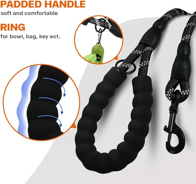 Taglory Rope Dog Leash 5 FT with Comfortable Padded Handle, Highly Reflective Threads Leash for Medium Large Dogs, 1/2 inch, Black