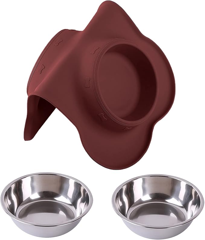 Hubulk Pet Dog Bowls 2 Stainless Steel Dog Bowl with No Spill Non-Skid Silicone Mat + Pet Food Scoop Water and Food Feeder Bowls for Feeding Small Medium Large Dogs Cats Puppies (Medium, Burgundy)