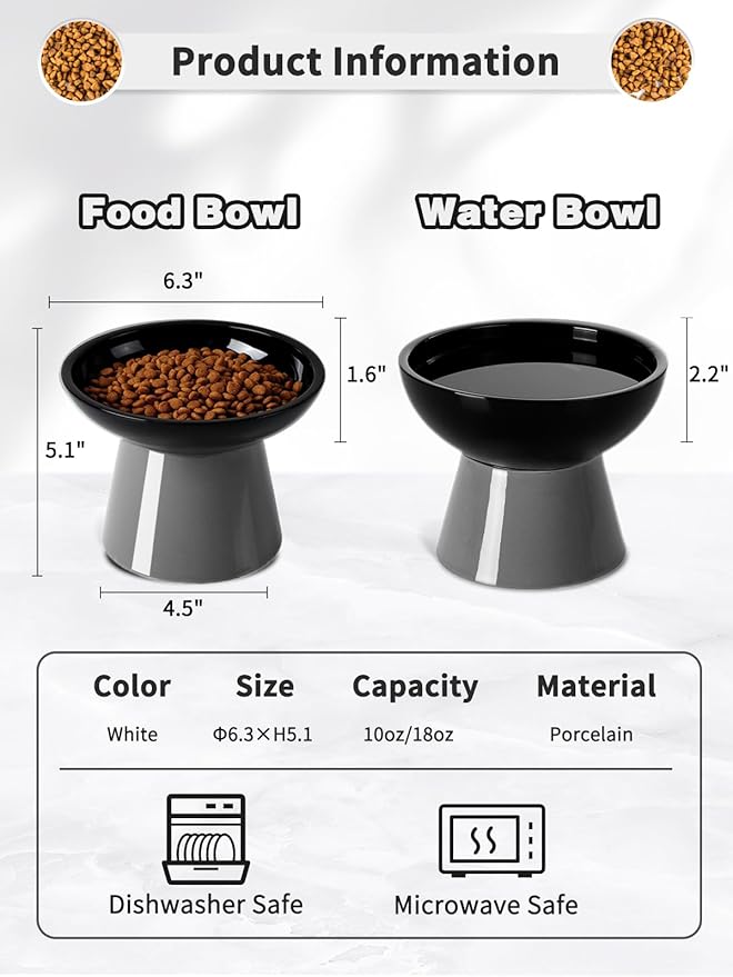 LoeJan Elevated Cat Food and Water Bowls Set, Extra Wide and Raised Ceramic Feeder, Anti-Vomit Whisker-Free Pressure Feeding Bowl for Kittens Adult Small Dogs (Black)