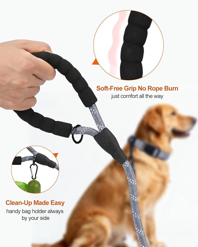 Joytale Dog Leash for Large Dogs, Heavy Duty Nylon Leashes with Comfortable Padded Handle and Highly Reflective Threads, Ideal for Walking and Training, Gray, 6'횞1/2''