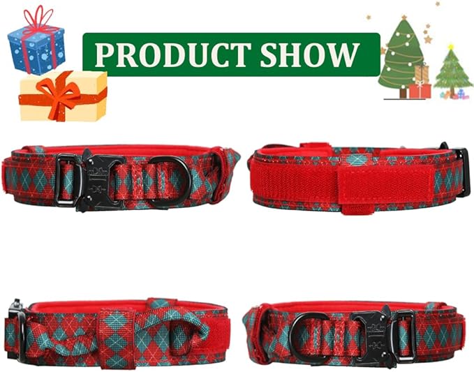 Christmas Tactical Dog Collar and Leash Set Adjustable Nylon Collar Dog Training Collar Leash Set with Control Handleand （Christmas Green XL