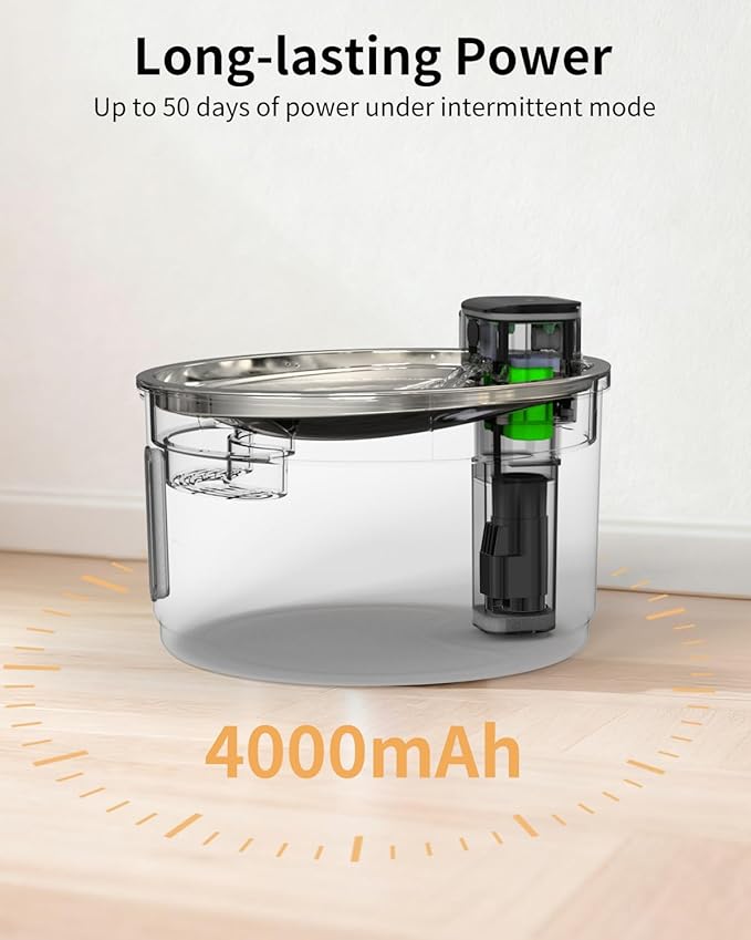 NPET Wireless Cat Fountain Stainless Steel, 1Gallon/135oz Battery Operated Automatic Pet Drinking Fountain - Cordless Dog Water Dispenser with 8 Replacement Filters for Cats Indoor
