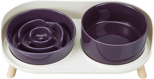 Elevated Slow Feeder Dog Bowls - Ceramic Food and Water Bowl Set with Stand - Raised Pet Dishes for Small and Medium Sized Dogs