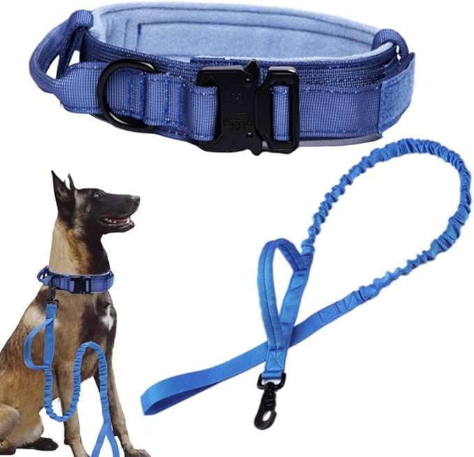 Xqpetlihai Tactical Dog Collar and Leash Set Adjustable Military Nylon Dog Collar with Control Handle and Heavy Duty Metal Buckle for Large Dogs（Dark Blue M