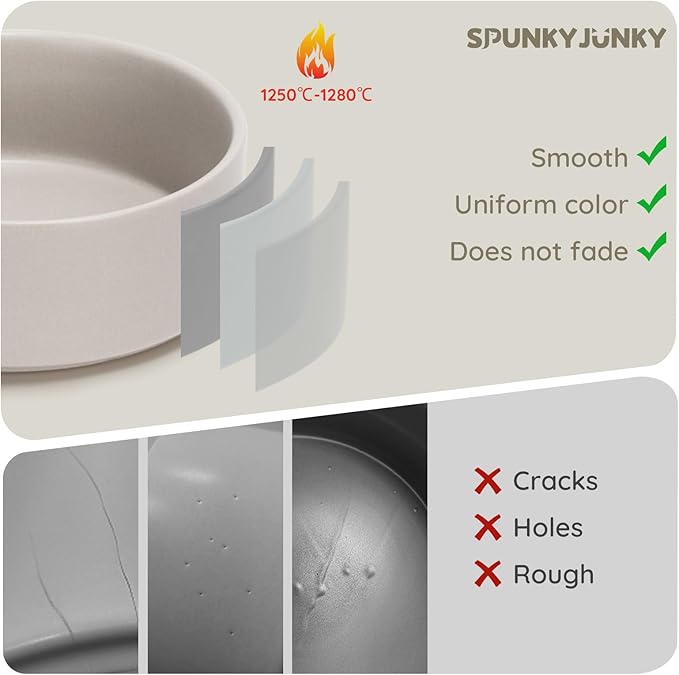 SPUNKYJUNKY 13.5OZ Ceramic Dog and Cat Bowl, Modern Cute Weighted Food Water Bowl for Replacement Grey (2 Pack)