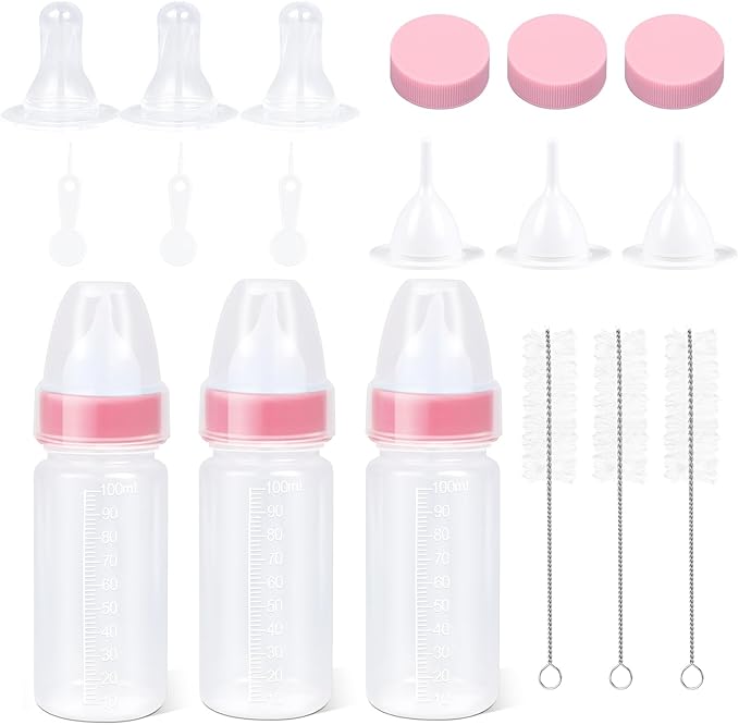 ASEVAT 3.4 oz 3Pack Pet Feeding Bottle, Anti-Choking Puppy Feeder Design,with 3pcs Replaceable and Reusable Silicone Nipples for Feeding Puppies, Kittens, Small Animals