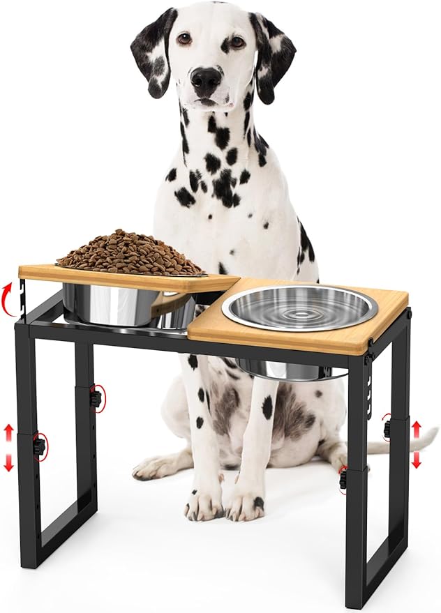 Dog Bowls Elevated, 4 Height (9.6" to15) & Angle (0-20°) Adjustable Raised Dog Bowl Stand, Elevated Dogs Bowl for Medium to Large Sized, Bamboo Feeding Station with 2X 10cups Stainless Steel Dishes