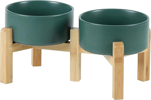 Ceramic Raised Double Bowls Set with Stand, 2 Heights Elevated, Food & Water Bowls for Small Breed Dogs, Weighted Dog Dishes, Pet Bowl(6.1'',28.7oz, Green)