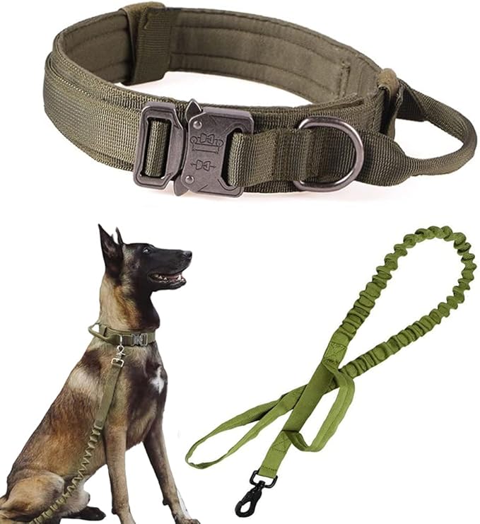 Xqpetlihai Tactical Dog Collar and Leash Set Adjustable Military Nylon Dog Collar with Control Handle and Heavy Duty Metal Buckle for Large Dogs（Green M