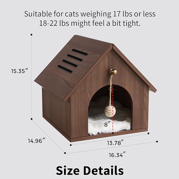 Cat House for Indoor Cats - Modern Wooden Covered Cat Cave Bed, Sturdy & Durable Cat Hideaway Hanging Ball Toy & Warm Plush Mat Included, Easy Assembly – Follow Video or Instruction Manual.