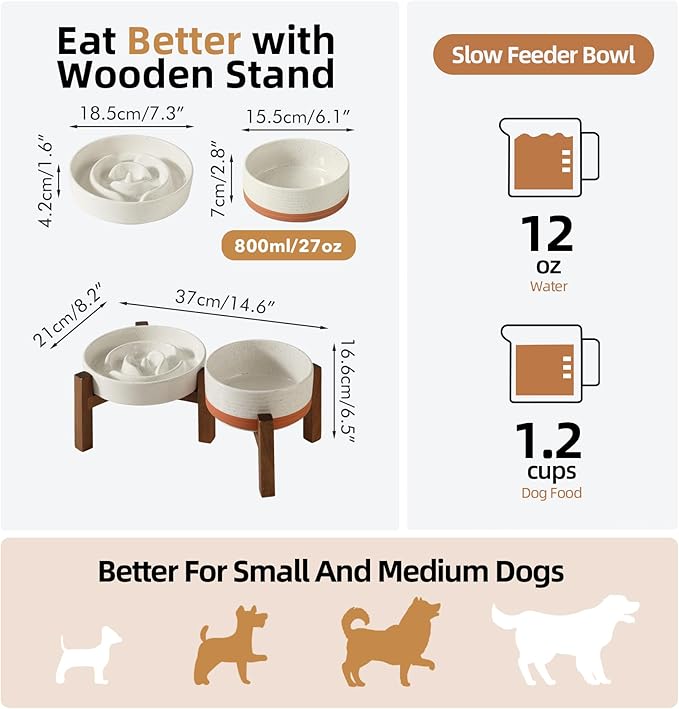 Ceramic 1.2 Cup Raised Slow Feeder Dog Bowl Set, Elevated 6.1inch Bowl and 7.3inch Dish with Acacia Wood Stand for Small and Medium Dogs(2 x Vanilla White+ Stand)