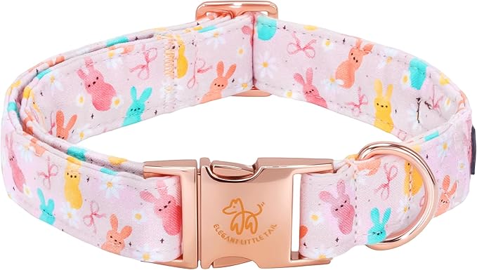 Elegant little tail Easter Dog Collar, Pink Bunny Pattern Floral Spring Pet Collars Gift Holiday Puppy Collars Soft Cotton Adjustable Dog Collar for Small Dogs