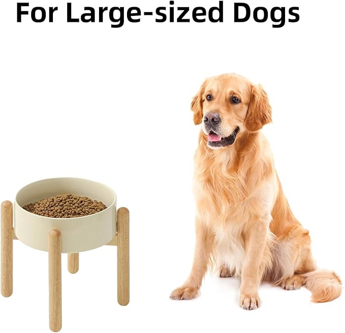 Ceramic 8.2inch Raised Dog Bowl with Stand for Large - Breed Dogs, Pet Food and Water Feeder(Single Bowl with Stand - Beige)