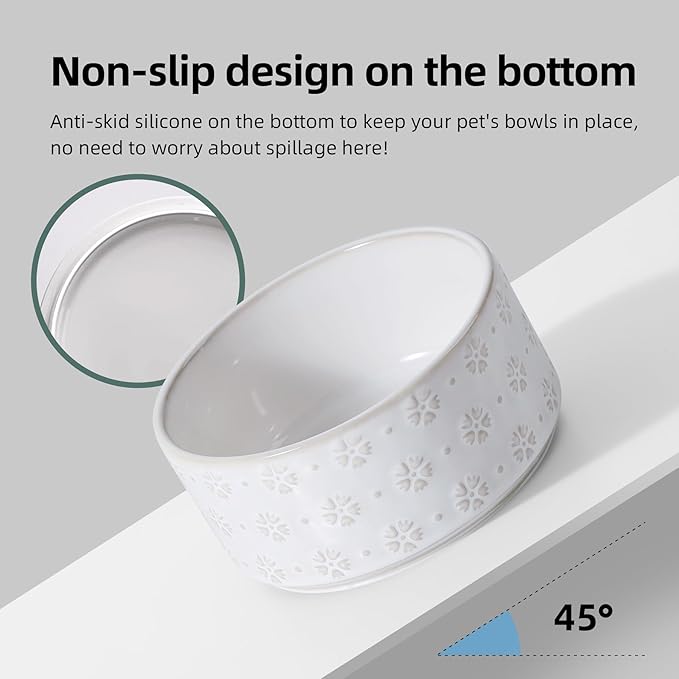 6.1inch Ceramic Raised Double Bowls Set with Acacia Wood Stand, 2 Heights Elevated, Food & Water Bowls for Small Breed Dogs, Weighted Dog Dishes, Pet Bowl(27oz, Arctic White)
