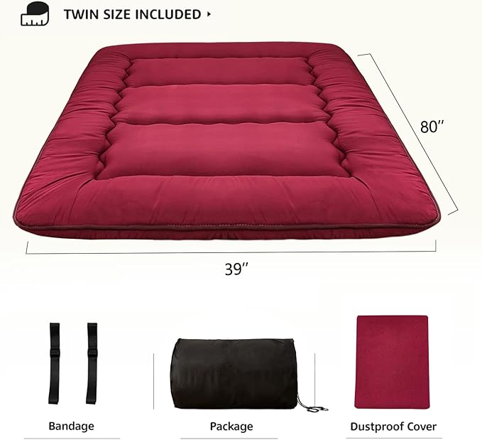 MAXYOYO Japanese Floor Mattress Futon Mattress, Thicken Sleeping Pad Foldable Roll Up Floor Futon for Adults Tatami Mat Dormitory Bed Lounger, Burgundy, Twin