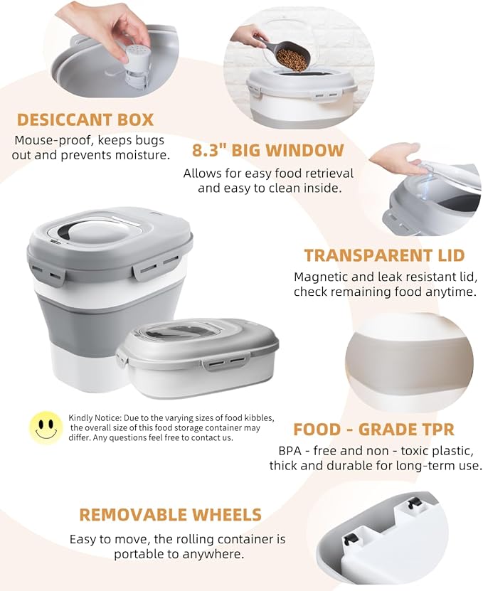 30-35 Lbs Dog Food Storage Container Collapsible Dog Food Container with Airtight Lids, Wheels, Scoop and 2pcs Food Storage Containers, Large Pet food storage for Dog, Cat
