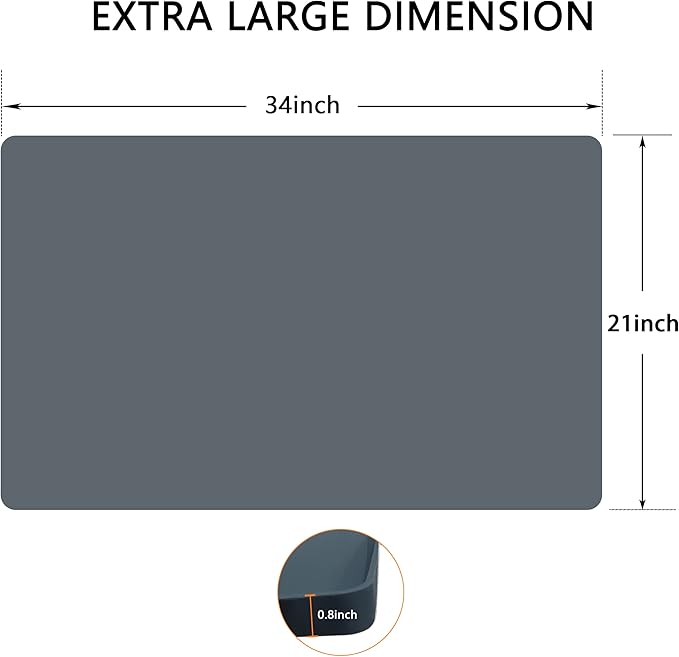 Finorder 34"x 21" 100% Silicone Pet Feeding Mat, Higher Raised Edges and Slip Resistant Pet Food and Water Bowl Mat, Waterproof Pet Food Placemat Silicone Tray, Dishwasher Safe (Grey)