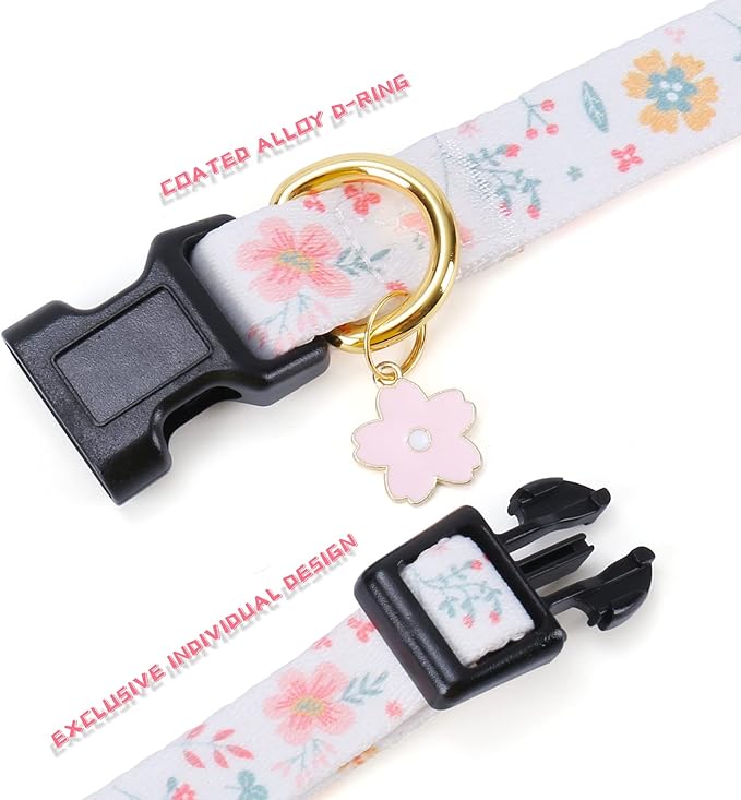 Cotton Handmade Dog Collar for Small Medium Large Dogs,White Flowers with Pendant Cute Dog Collars (Large)