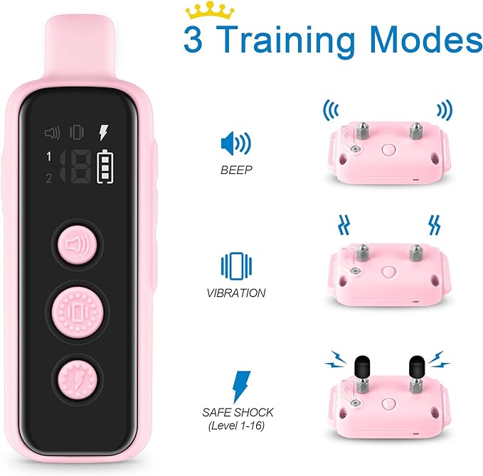 Bousnic Dog Shock Collar for 2 Dogs - (8-120lbs) Waterproof Rechargeable Electric Dog Training Collar with Remote for Small Medium Large Dogs with Beep Vibration Safe Shock Modes(Pink)