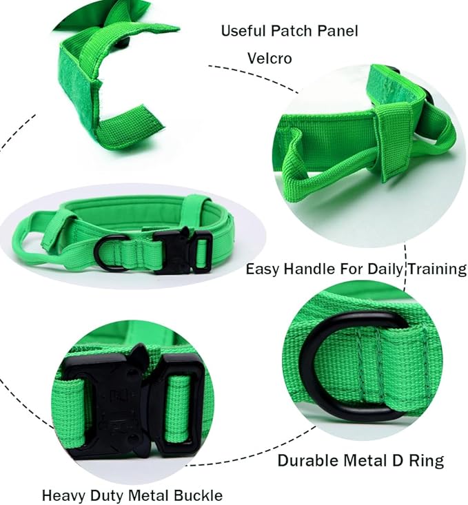 Xqpetlihai Tactical Dog Collar - Adjustable Nylon, Heavy Duty Metal Buckle with Handle for Dog Training (Bright Green, XXL)