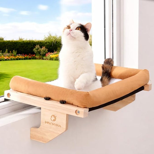 Cat Window Bed, Sturdy Window Mounted Cat Window Hammock, Solid Wooden Window Perch for Indoor Cats (Brown)