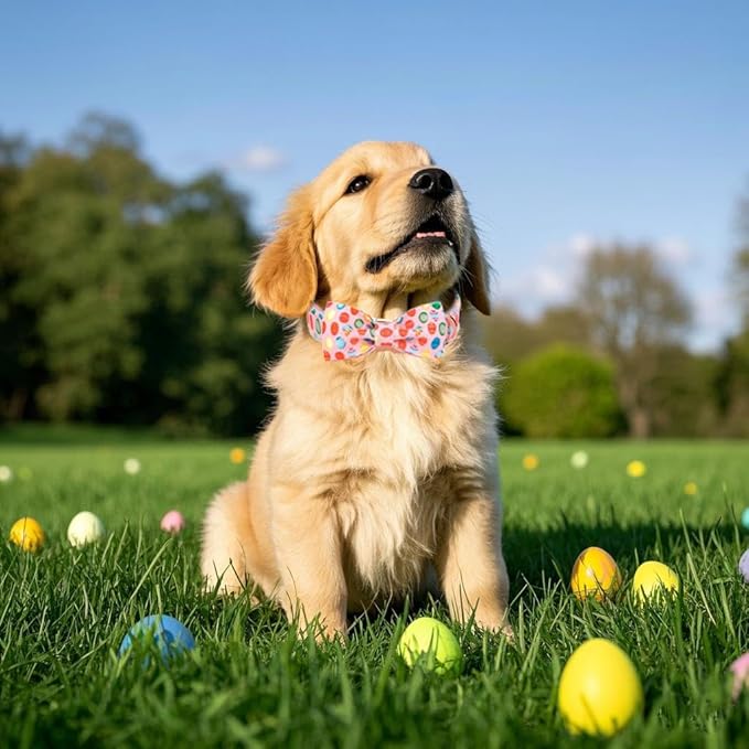 Maca Bates Easter Day Dog Collar with Fancy Bow Tie for Small Girl Boy Dogs, Pink Easter Egg,Chick Pattern,Adjustable Durable Soft Breakaway Collars for Male Female Puppy