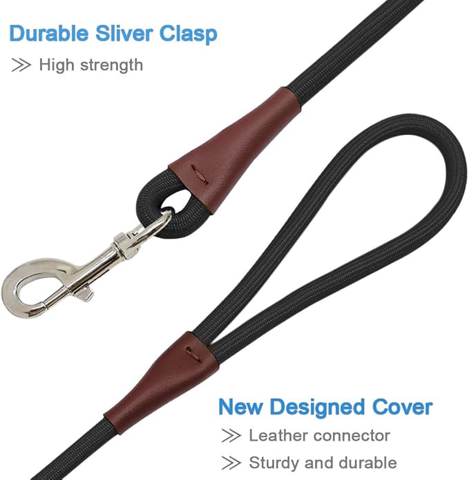 MayPaw 4/6 /8/10 FT Dog Leash, Classic Solid Colors, Strong Nylon Rope Dog Leash Reinforced with Leather Tailor Connection Heavy Duty Silver Clasp (Black, 4ft*1/2")