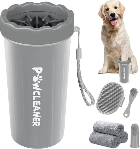 Professional 7 in 1 Dog Paw Cleaner for Dogs & Cats - Includes 1 Portable Paw Washer, 1 Bath Brush, 2 Dog Toothbrushes and 3 Absorbent Towels Note: Fits Paws 2.5 to 3.5 Inches Wide (Large, Grey)