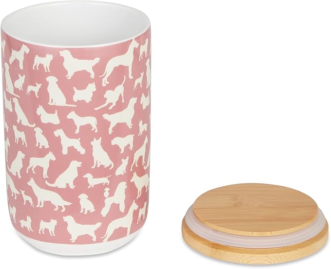 Bone Dry Ceramic Treat Jar for Cats and Dogs, Bamboo Lid, Dishwasher Safe Canister, 4x6.5", Rose, Dog Treats
