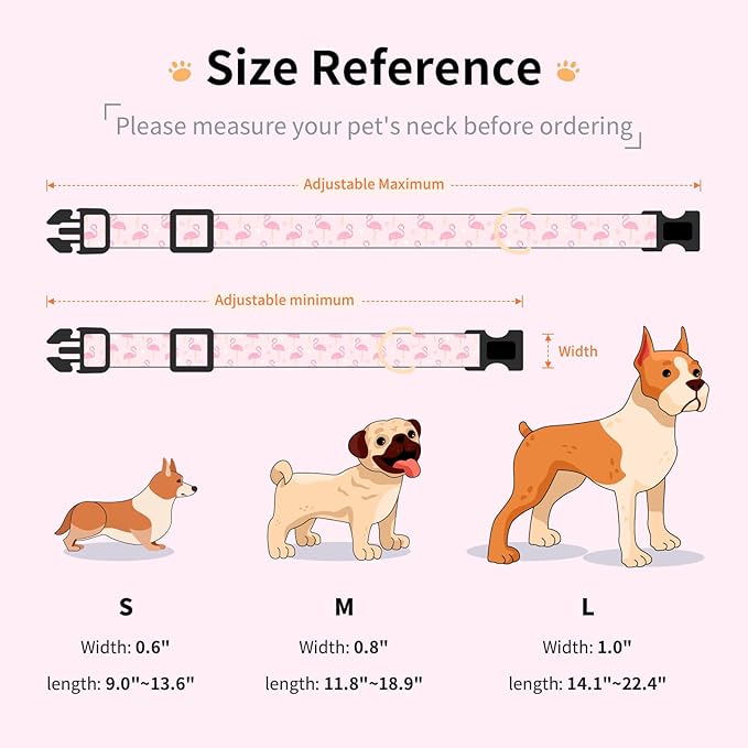 Cotton Dog Collar,Adjustable Cute Puppy Collar with Moon Patterned Design for Small Medium Large Dogs,Soft and Fancy Pet Collar with Safety Buckle for Girl Boy Dogs (Pink Flamingo, Medium)