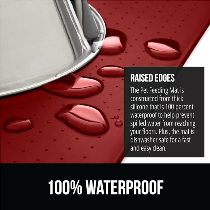 GORILLA GRIP 100% Waterproof Raised Edge BPA Free Silicone Pet Feeding Mat, Dog Cat Food Mats Contain Spills Protects Floors, Placemats for Cats and Dogs Water Bowl, Pets Accessories 18.5x11.5 Red