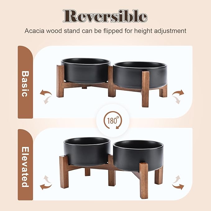 SPUNKYJUNKY Ceramic Dog Bowls with Acacia Wood Stand - Raised Dog Food and Water Bowl Set for Small Dogs (13.52 OZ, Black)