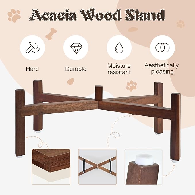 SPUNKYJUNKY Raised Ceramic Dog Bowls Set with Non-Slip Acacia Wood Stand for Medium Sized Dog(42.27 OZ, Black)