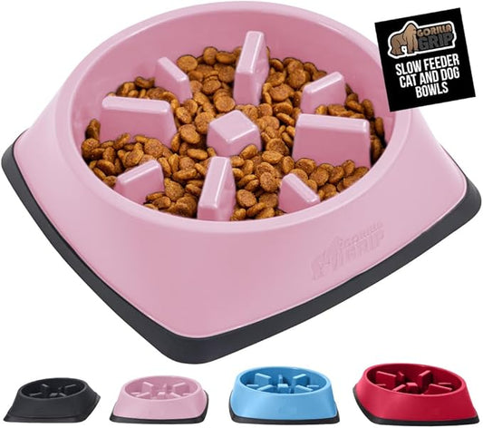 GORILLA GRIP Patented BPA Free Slow Feeder Dog Bowls, Interactive Puzzle Toy for Dogs and Cats Food Training Enrichment, Keeps Pets Busy and Prevents Puppy Overeating, Small Breeds, 1 Cup, Pink