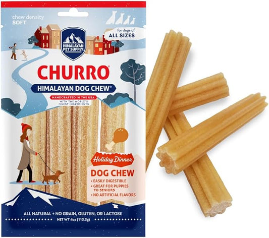 Himalayan Dog Chew Churro Holiday Dinner | Grain and Lactose Free Treats with Digestible Ingredients | Natural Chew Sticks for Dogs | Soft Dental Chews for Dogs to Support Oral Hygiene and Gut Health