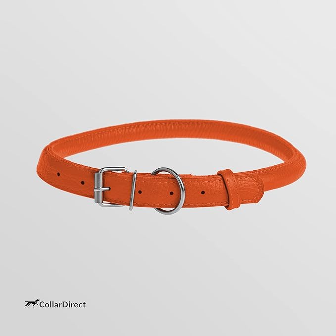 CollarDirect Rolled Leather Dog Collar, Soft Padded Round Puppy Collar, Handmade Genuine Leather Collar Dog Small Large Cat Collars 13 Colors (11-14 Inch, Orange Textured)