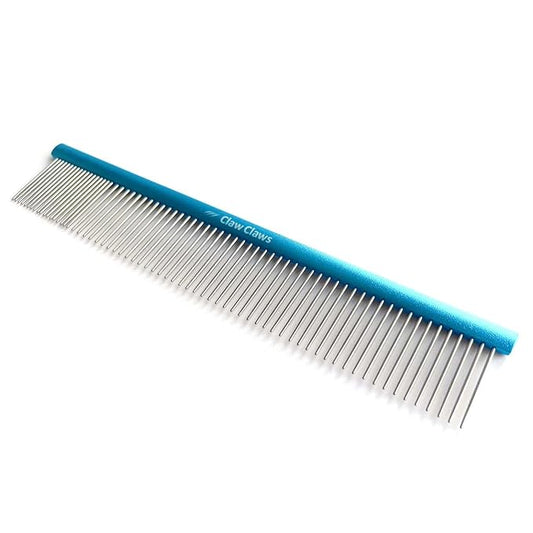 Greyhound Oval Grooming Comb – Aluminum handle, Stainless Steel Teeth Comb for Long-Haired Dogs & Cats, Removes Mats, Tangles, and Loose Fur – Lightweight for Deshedding (Silver/Blue, 9.8")