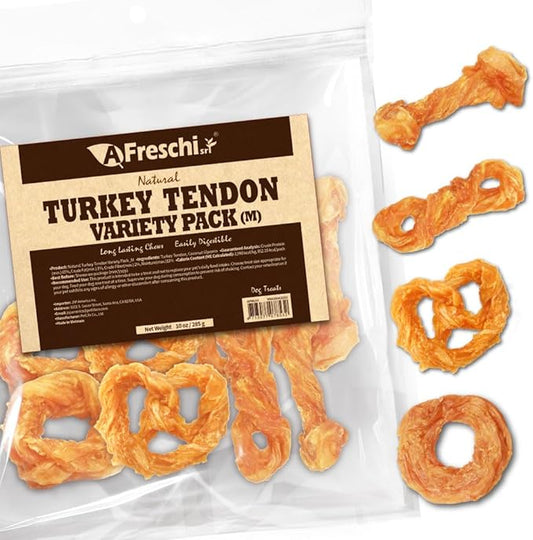 A Freschi srl Turkey Tendons for Dogs, USA-Sourced, Healthy Dog Treats, Rawhide-Free Puppy Chews, Long Lasting, All Natural, Hypoallergenic Dog Treats for Medium Breeds, 10 oz Pack Variety (M)