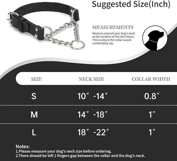 Martingale Collar for Dogs No-Pull Adjustable Training Collar with Stainless Steel Chain - Genuine Leather Anti-Slip Design for Small,Medium,Large Breed Dogs - Black (L)