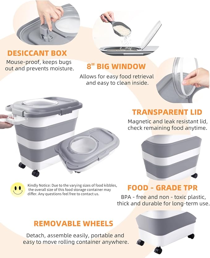 25-28 Lbs Dog Food Storage Container with Handle, Collapsible Dog Food Container with Airtight Lids, Wheels, Large Pet food storage Container for Dog Cat,Dog Food Scoop,Small Container