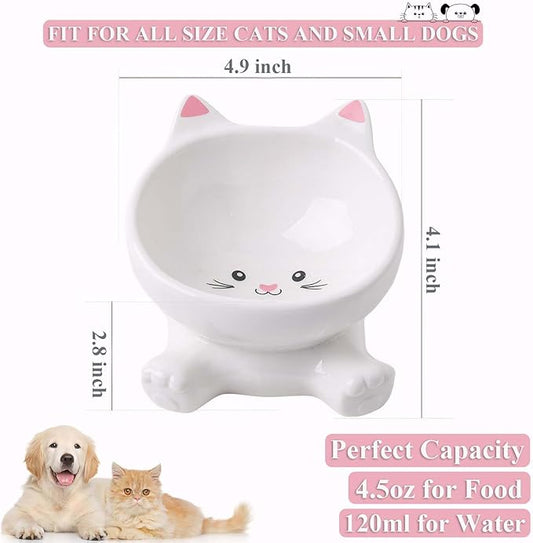 Elevated Cat Bowls, 4.9 Inch Ceramic 3D Raised Cat Food Bowl for Whisker Fatigue, Slanted Cute Kitten Food Bowl & Porcelain Water Dish 4.5 OZ, Anti-Vomiting, Protects Pet’s Spine, 1 Piece