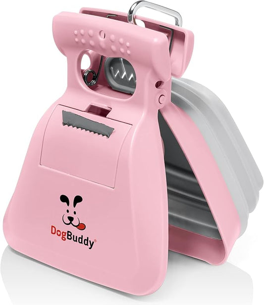 DogBuddy Pooper Scooper, Portable Dog Pooper Scooper, Poop Scooper for Small and Large Dogs, Pooper Scooper with Bag Attachment, Leash Clip and Dog Waste Bags Included (Large, Pink)