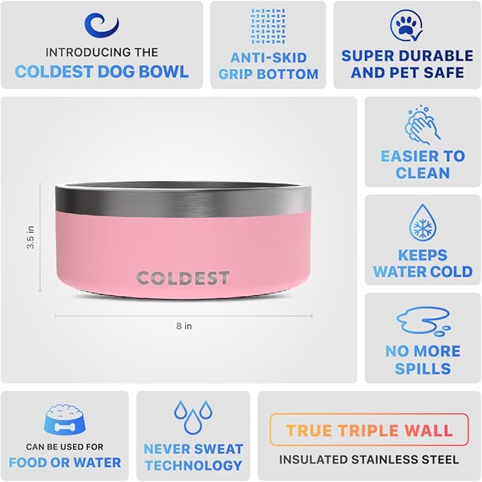 Coldest Dog Bowl - Anti Rust Metal, Non Slip, 3 Layers Insulated Stainless Steel Dog Bowls - Spill Proof & Heavy Duty - Water Bowl for Dogs, Cats & Pets, Dish Washer Safe (64 oz,Cotton Candy Pink)