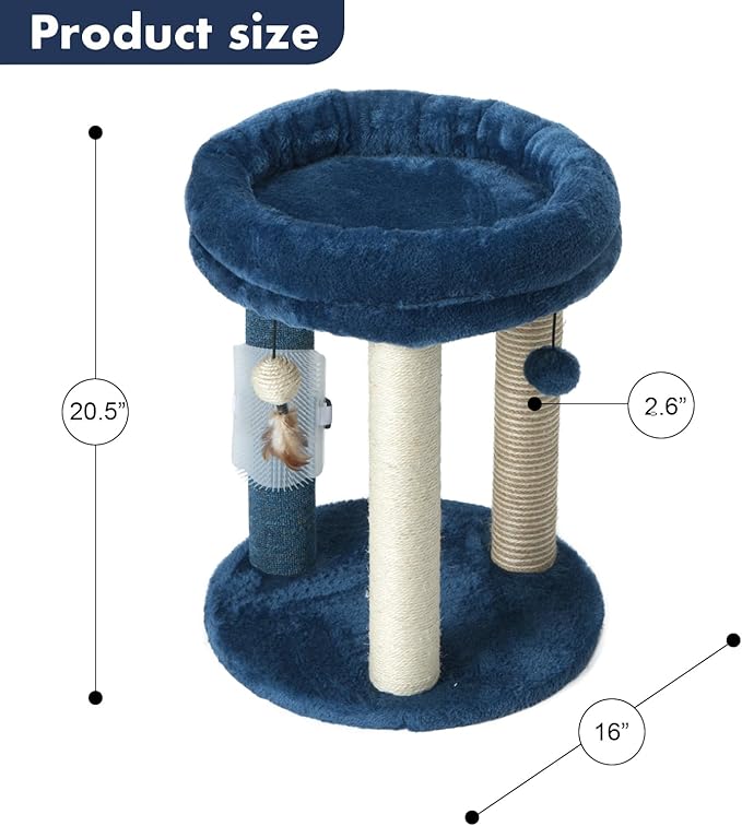 MECOOL Cat Scratching Post Tree with Tower Soft Bed.Natural Quality Sisal Carpet Jute Scratch Posts with Three Hanging Ball Toys and Massage Brush for Indoor Cats and Kittens Blue