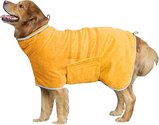 Dog Robe - Fast Drying Towel - Microfiber Super Absorbent Pet Bathrobe, Adjustable Collar & Belly Strap (Yellow, Large)